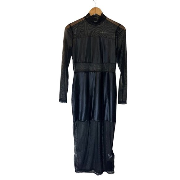 SheIn Dresses & Skirts - Shein Sxy Black Dress NWT Large Mesh Pleather Striped Mock Neck Long Sheer Party
